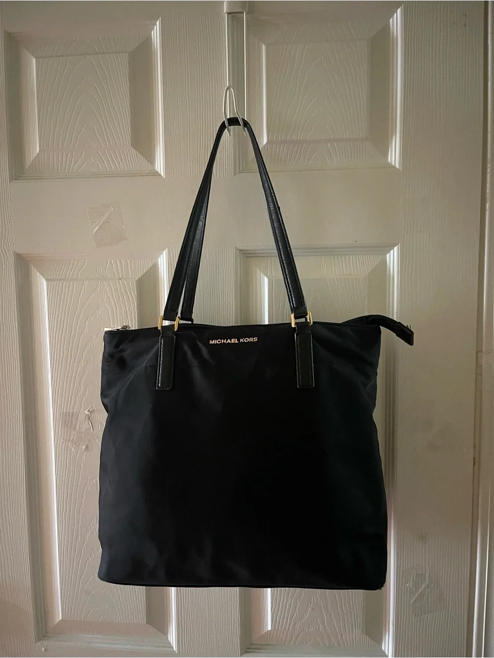 MICHAEL KORS Black Nylon Medium Tote with Gold tone Hardwares .